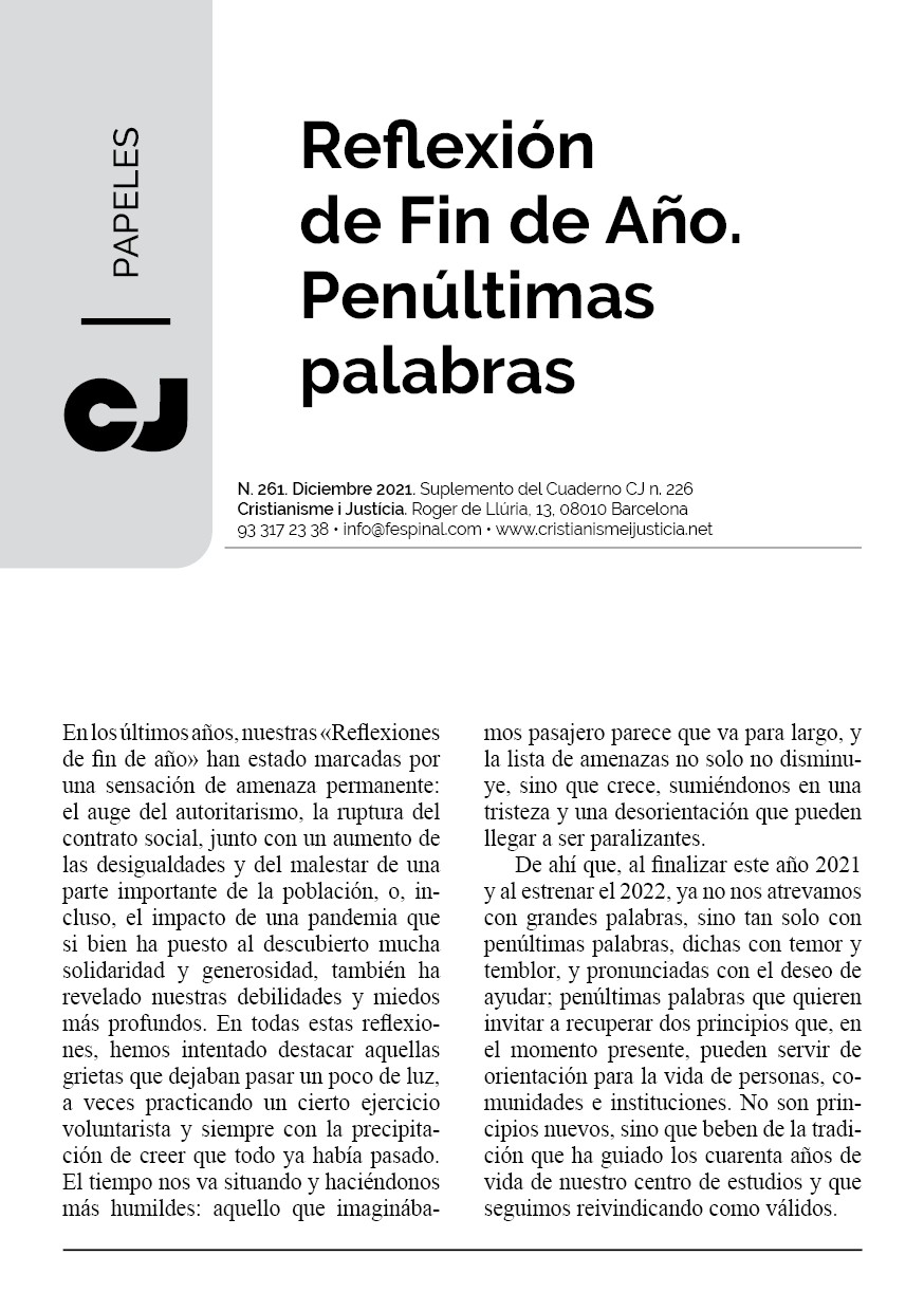 Reflexión de Fin de Año. Penúltimas palabras | Cristianisme i Justícia Reflexión de Fin de Año. Penúltimas palabras | Cristianisme i Justícia